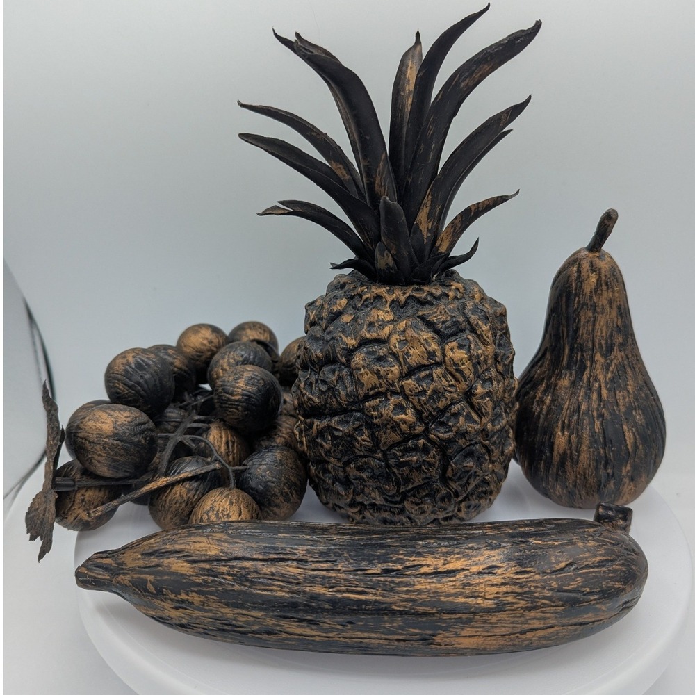 Rustic Black and Bronze Decorative Faux Fruit 4pc Pineapple Grapes Pear Banana